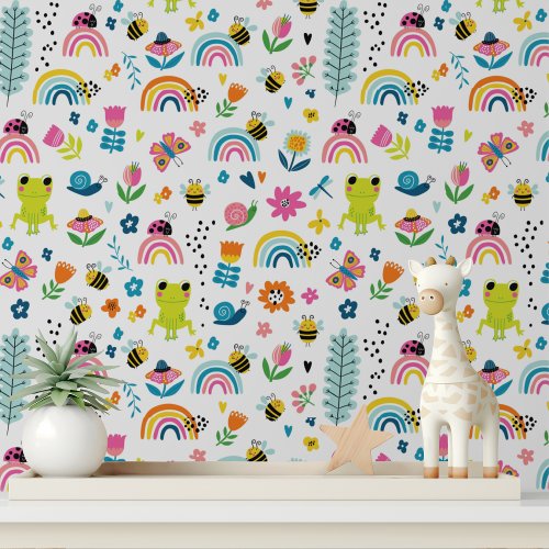 Cute Frogs Insects Rainbows Flowers Kids Pattern Wallpaper