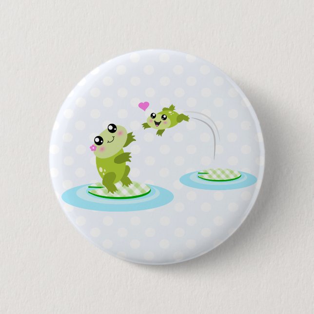 Cute frogs - kawaii mom and baby frog cartoon pinback button (Front)