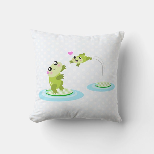 Cute frogs - kawaii mom and baby frog cartoon throw pillow (Front)