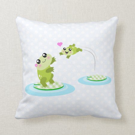Cute Frogs - Kawaii Mom And Baby Frog Cartoon Throw Pillow