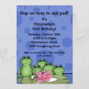 Cute Frogs on Lily Pad 1st Birthday Invitation