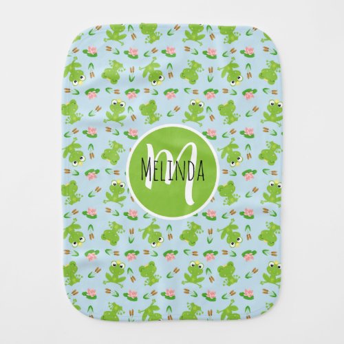 Cute Frogs Pattern on Bright Blue Baby Burp Cloth