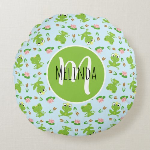 Cute Frogs Pattern on Bright Blue Round Pillow