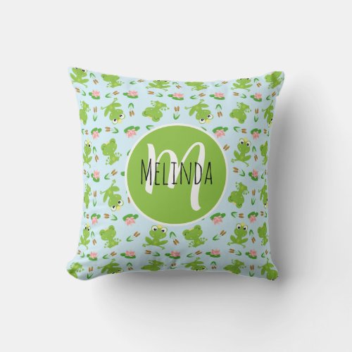 Cute Frogs Pattern on Bright Blue Throw Pillow