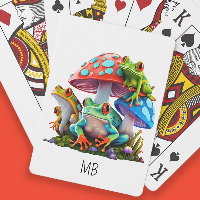 Cute Frogs Red Blue Mushrooms Monogram  Poker Cards (Cute frogs and colorful mushrooms/toadstools playing cards customized with your monogram/initials)