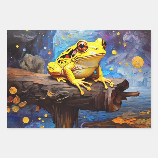 Cute frogs sitting on a pond on a sunny day wrapping paper sheets (Front)