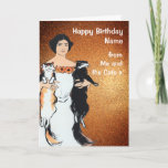 Cute From the Cats Gold Glitter Birthday Card<br><div class="desc">Illustration of a woman holding two cats wishing a Happy Birthday. Message reads 'Happy Birthday Name from Me and the Cats x'. Card has a gold glitter effect background. Easily personalize this funny card by editing the template text on the front and inside. Vintage public domain image by Edward Penfield...</div>