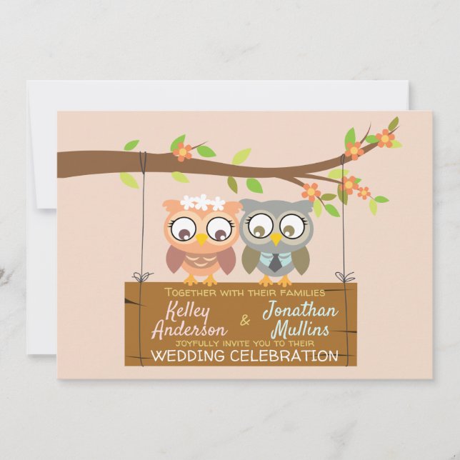 Cute front and back owl wedding invitation design (Front)