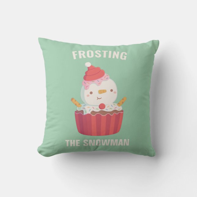 Cute Frosting The Snowman Cupcake, Sweet Christmas Throw Pillow (Front)