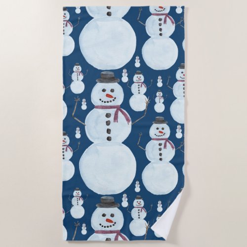 Cute Frosty Blue Snowman Watercolor Pattern Beach Towel