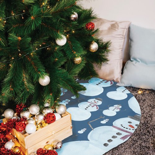 Cute Frosty Blue Snowman Watercolor Pattern Brushed Polyester Tree Skirt