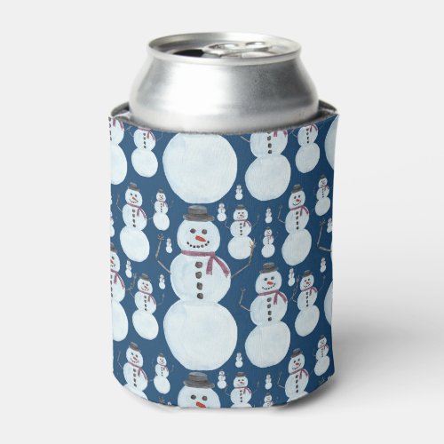 Cute Frosty Blue Snowman Watercolor Pattern Can Cooler