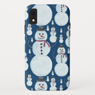 Cute Frosty Blue Snowman Watercolor Pattern iPhone XR Case