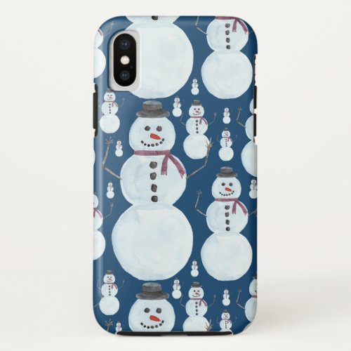 Cute Frosty Blue Snowman Watercolor Pattern iPhone X Case