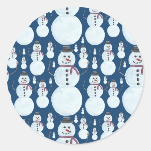 Cute Frosty Blue Snowman Watercolor Pattern Classic Round Sticker