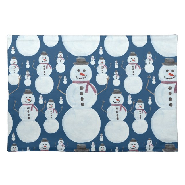 Cute Frosty Blue Snowman Watercolor Pattern Cloth Placemat (Front)