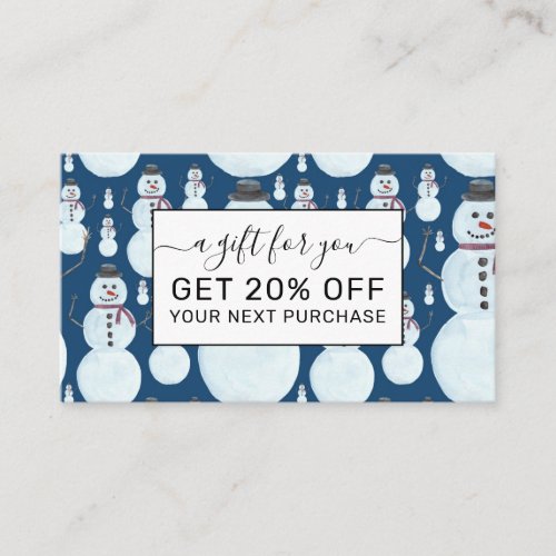 Cute Frosty Blue Snowman Watercolor Pattern Discount Card