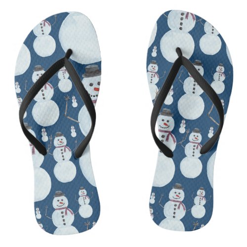 Cute Frosty Blue Snowman Watercolor Pattern Flip Flops