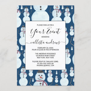 Cute Frosty Blue Snowman Watercolor Pattern Invitation