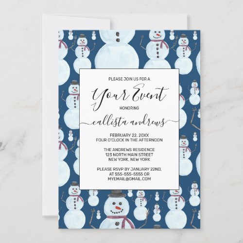 Cute Frosty Blue Snowman Watercolor Pattern Invitation