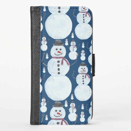 Cute Frosty Blue Snowman Watercolor Pattern iPhone X Wallet Case