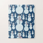 Cute Frosty Blue Snowman Watercolor Pattern Jigsaw Puzzle<br><div class="desc">This cute and artsy winter wonderland design is perfect for the holiday season. It features a frosty blue, black, orange, and burgundy red hand-painted watercolor snowman pattern on top of a dark blue background. It's adorable, sweet, modern, and festive. Enjoy this hand-painted original design done by the artist of La...</div>