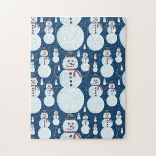 Cute Frosty Blue Snowman Watercolor Pattern Jigsaw Puzzle