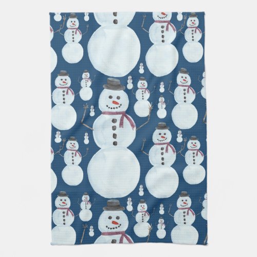 Cute Frosty Blue Snowman Watercolor Pattern Kitchen Towel