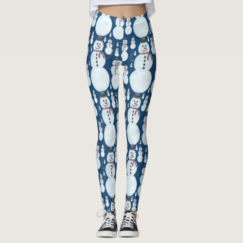 Cute Frosty Blue Snowman Watercolor Pattern Leggings