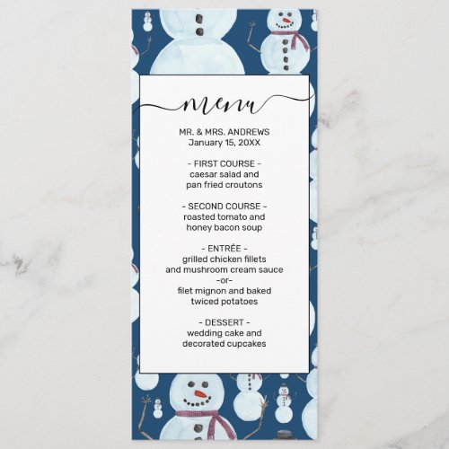 Cute Frosty Blue Snowman Watercolor Pattern Menu