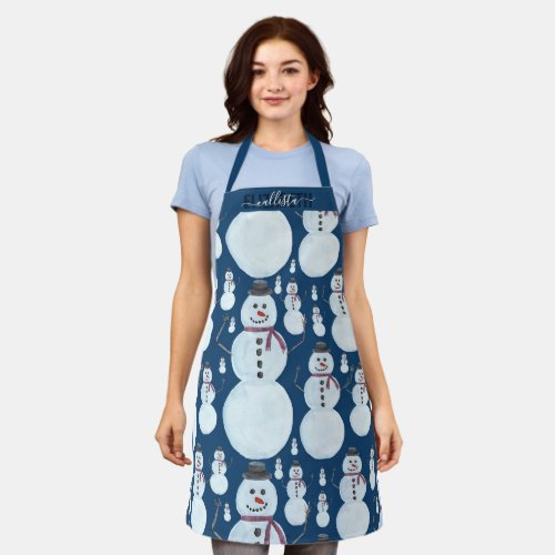 Cute Frosty Blue Snowman Watercolor Pattern Name Apron