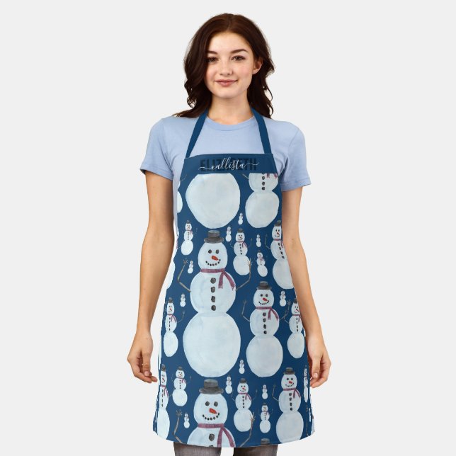 Cute Frosty Blue Snowman Watercolor Pattern Name Apron (Worn)
