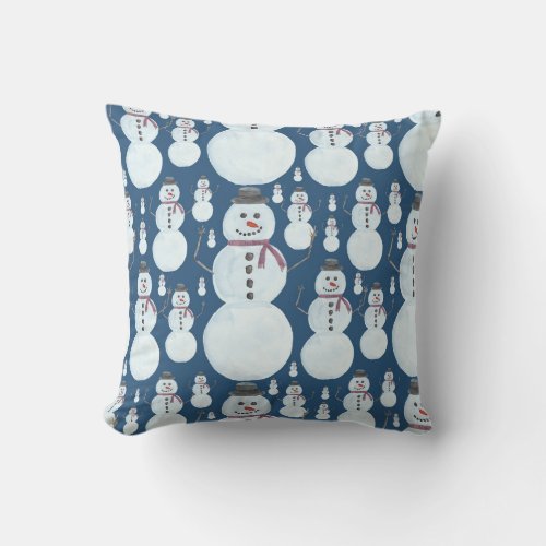 Cute Frosty Blue Snowman Watercolor Pattern Outdoor Pillow