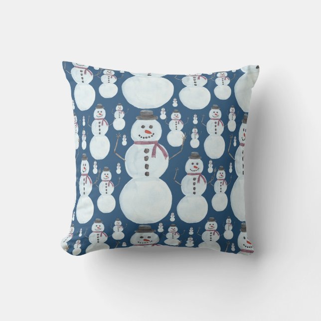 Cute Frosty Blue Snowman Watercolor Pattern Outdoor Pillow (Front)
