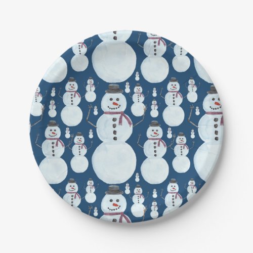 Cute Frosty Blue Snowman Watercolor Pattern Paper Plates