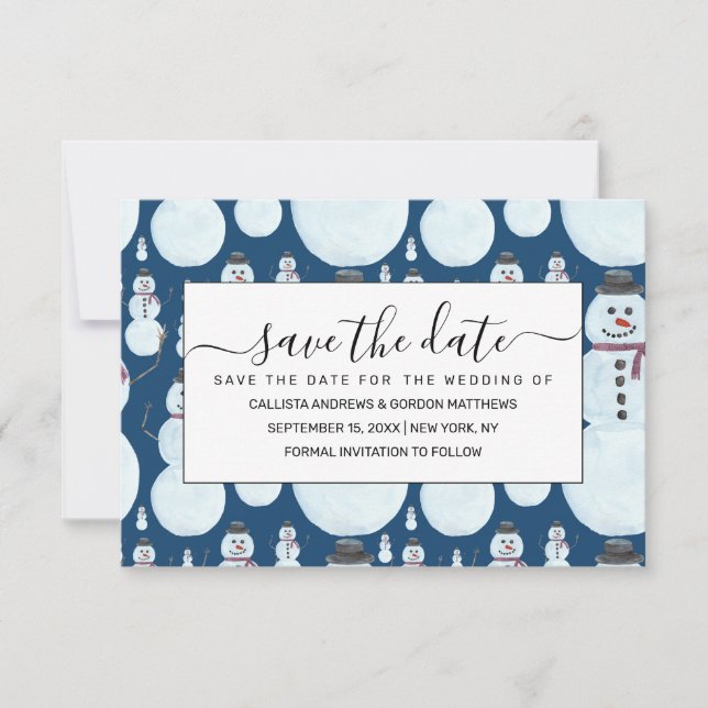 Cute Frosty Blue Snowman Watercolor Pattern Save The Date (Front)