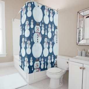 Cute Frosty Blue Snowman Watercolor Pattern Shower Curtain
