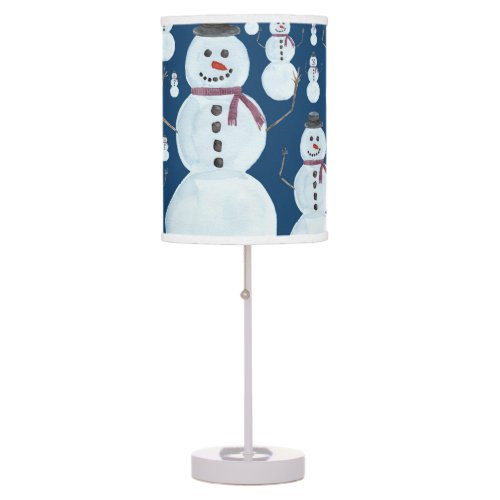 Cute Frosty Blue Snowman Watercolor Pattern Table Lamp