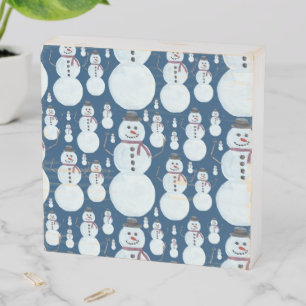 Cute Frosty Blue Snowman Watercolor Pattern Wooden Box Sign