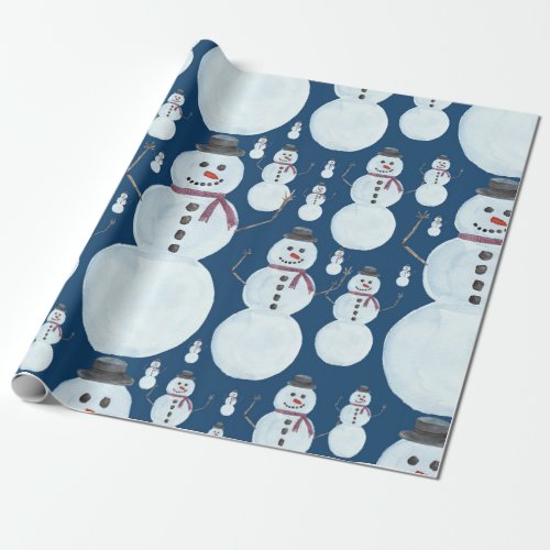 Cute Frosty Blue Snowman Watercolor Pattern Wrapping Paper