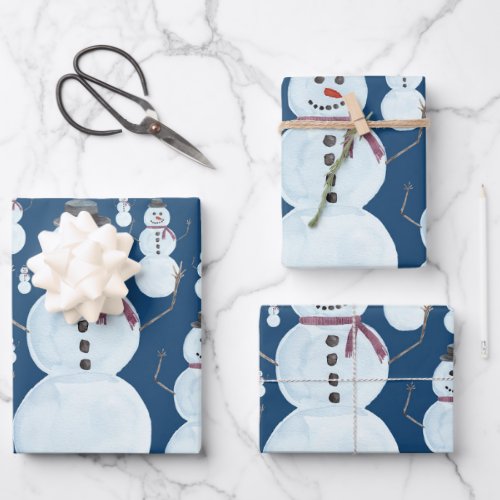 Cute Frosty Blue Snowman Watercolor Pattern Wrapping Paper Sheets