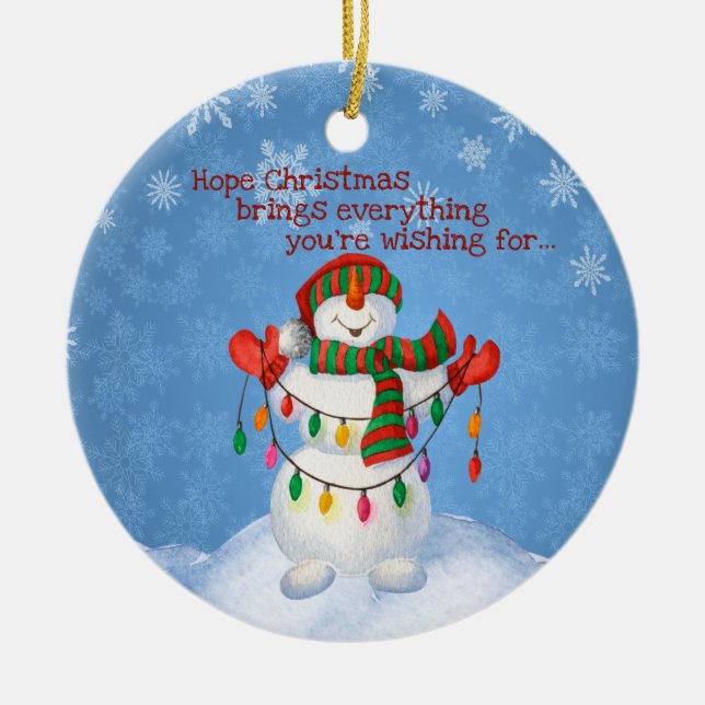 Cute Frosty Snowman Holding Christmas Lights Ceramic Ornament (Front)