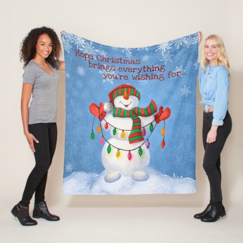 Cute Frosty Snowman Holding Lights Christmas Fleece Blanket