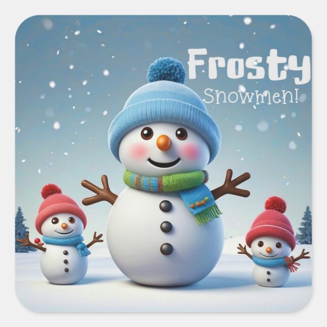 Cute Frosty Snowmen Winter Holiday Square Sticker  (Front)
