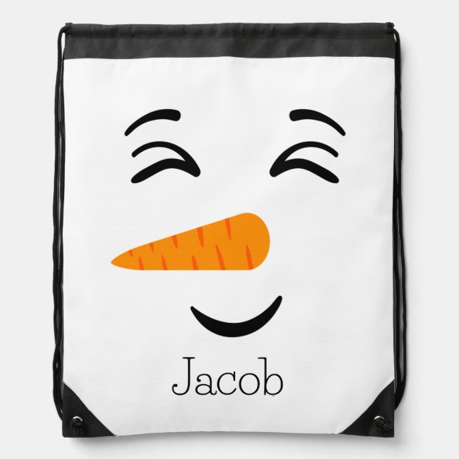 Cute Frosty the Snowman Smiling Face Drawstring Bag (Front)