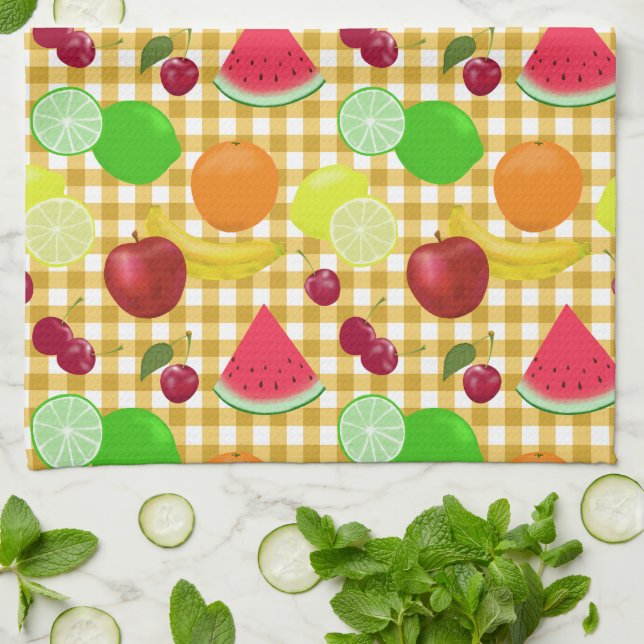 Cute Fruit and Gold Gingham Checks Kitchen Towel (Folded)