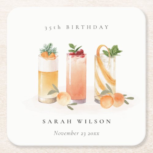 Cute Fruit Cocktail Orange Blush Any Age Birthday Square Paper Coaster