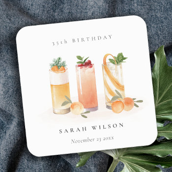 Cute Fruit Cocktail Orange Blush Any Age Birthday Square Paper Coaster by YellowFebPaperie at Zazzle