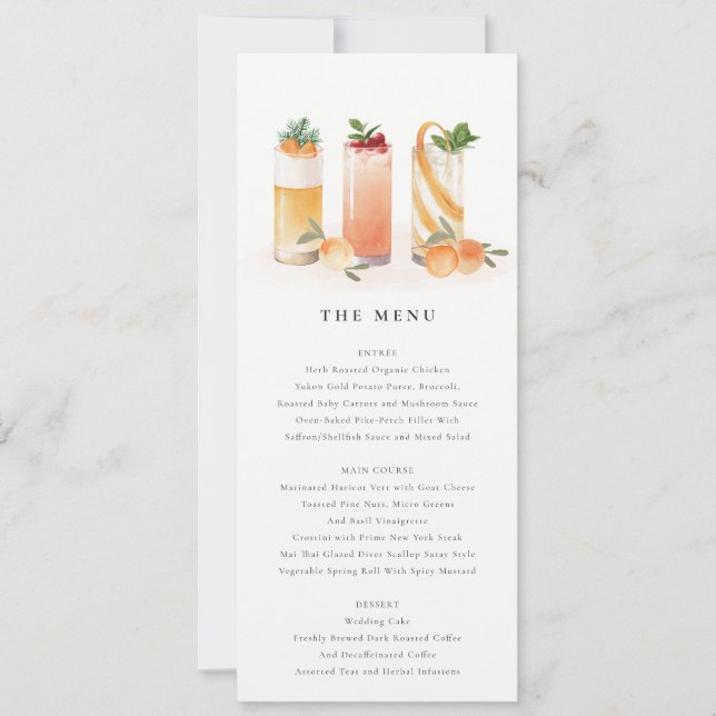 Cute Fruit Cocktail Orange Watercolor Menu Card (Front)