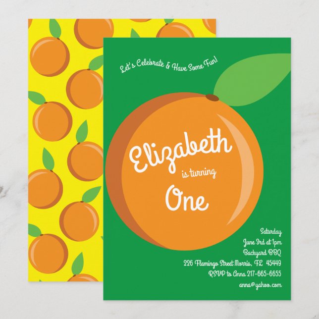 Cute Fruit Oranges Kids 1st Birthday Party Invitation (Front/Back)